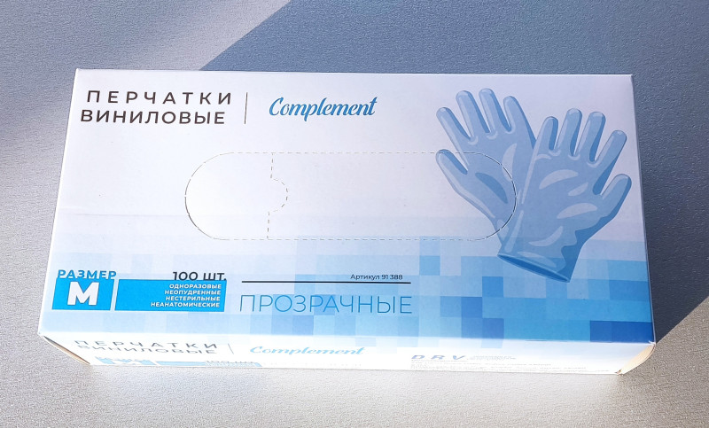 Перчатки виниловые, неопудр., прозрачные, M, Complement, 100шт./упак