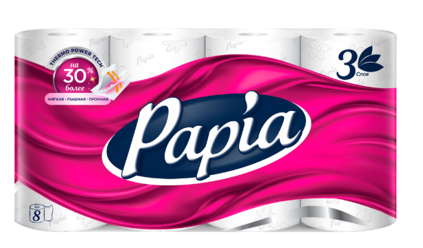 Бумага туалетная Papia Professional, 3 слоя, на втулке 8шт/уп