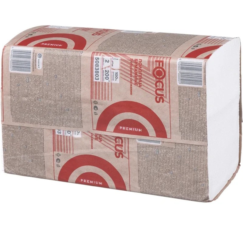 Полотенце бумажное "FOCUS Premium" Z укладка, 2 сл. 24х20см., бел., для диспенсоров, 200 шт/уп/12